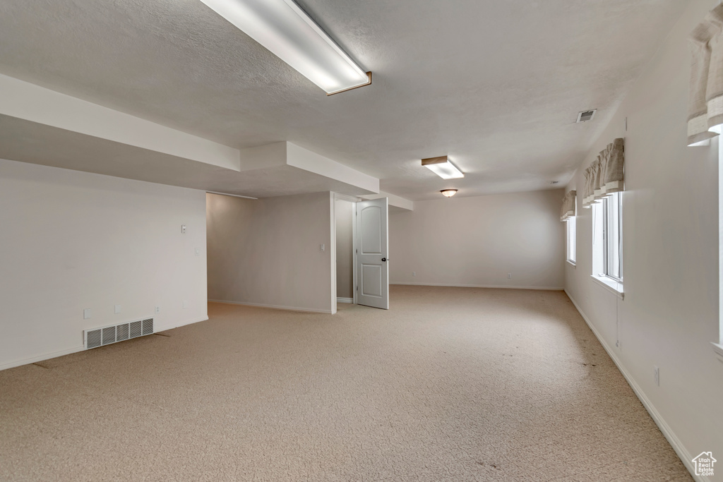 Basement featuring light colored carpet