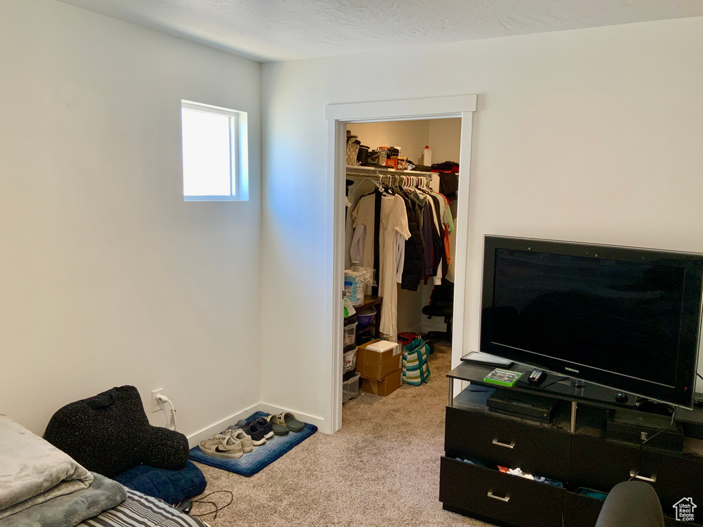 Bedroom featuring carpet flooring, a closet, and a spacious closet