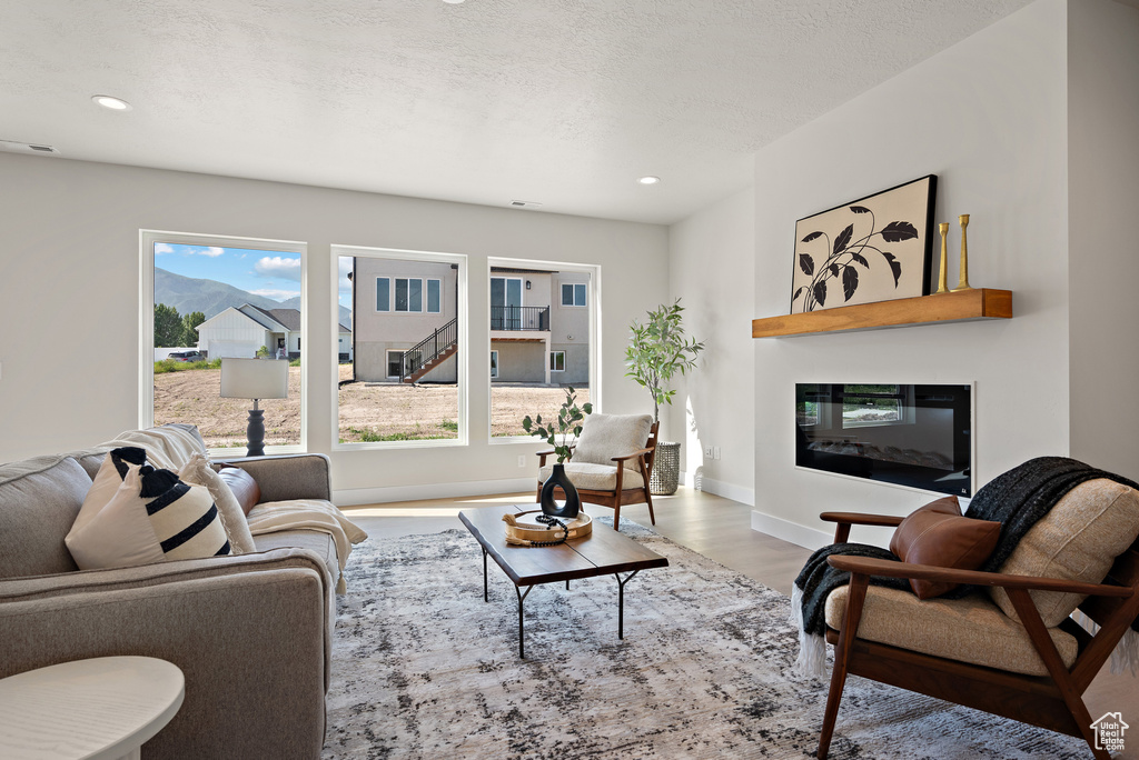 Living room featuring a glass covered fireplace, wood finished floors, plenty of natural light, and recessed lighting