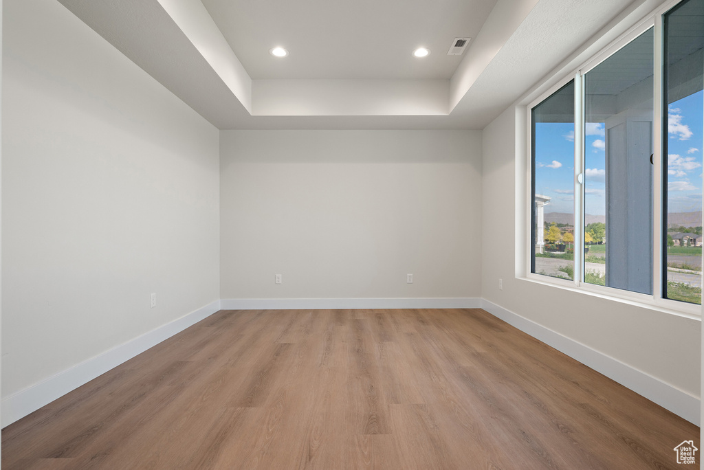 Spare room with light wood finished floors, a raised ceiling, and recessed lighting