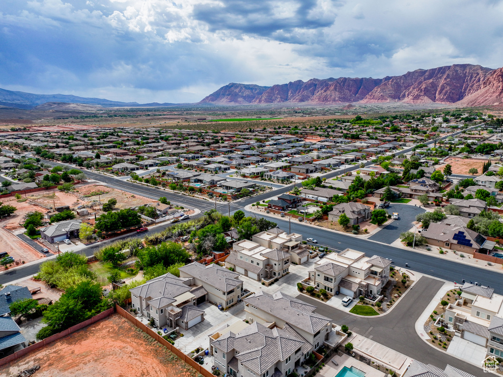 Aerial perspective of suburban area with mountains