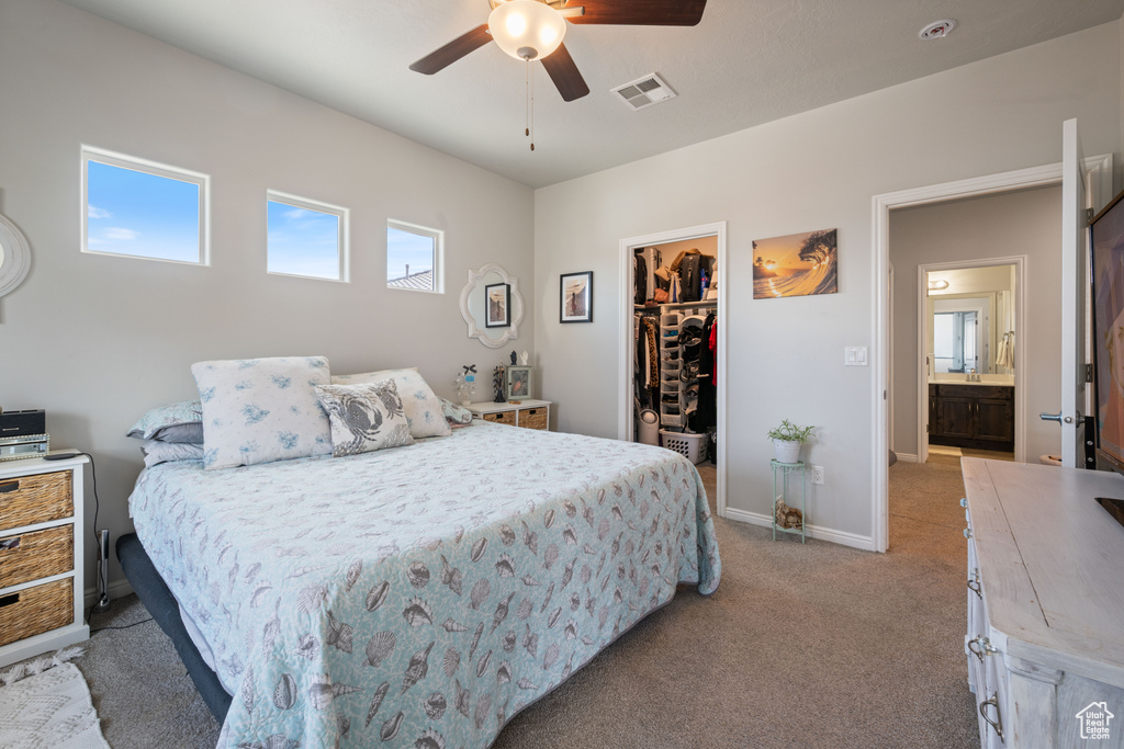 Bedroom with a spacious closet, carpet floors, a closet, and ceiling fan