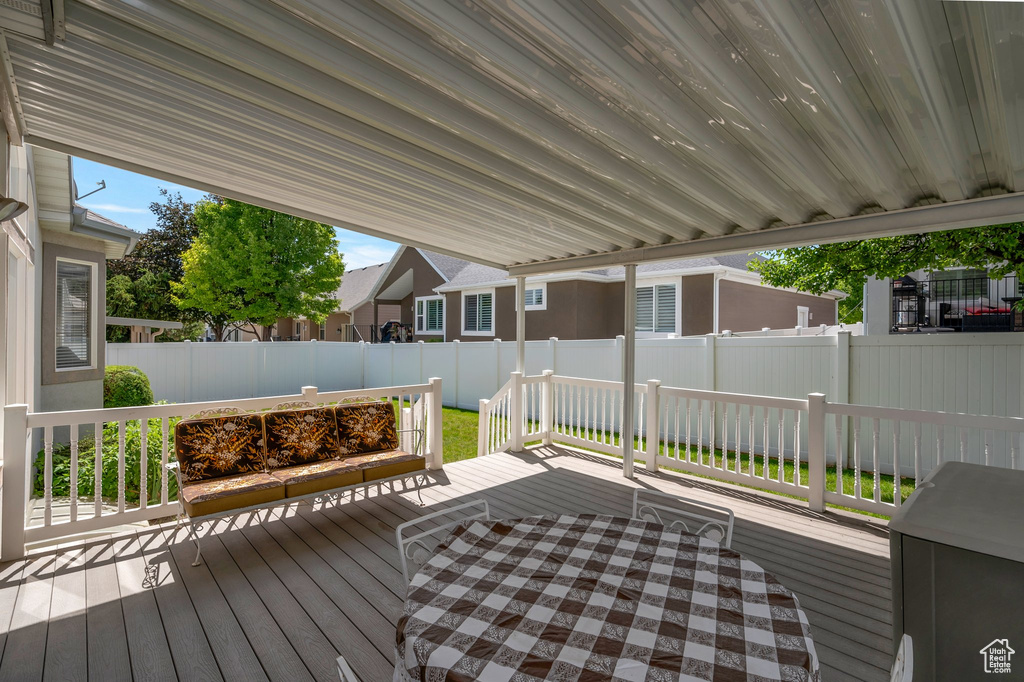 Wooden deck featuring a fenced backyard