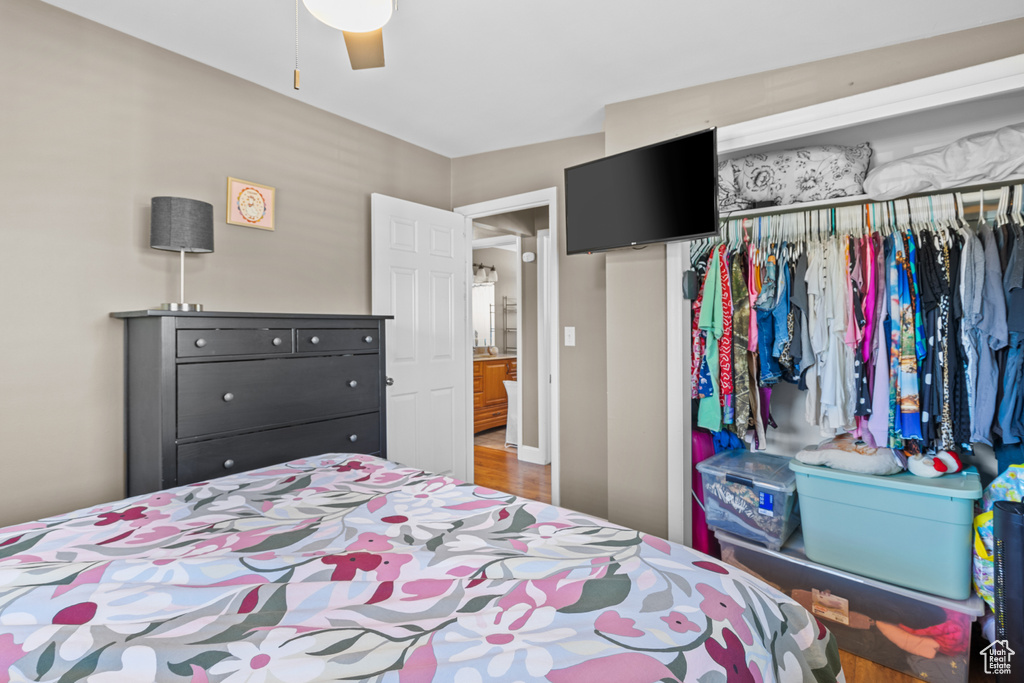 Bedroom featuring a closet and ceiling fan