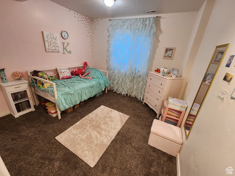 Carpeted bedroom featuring a textured ceiling
