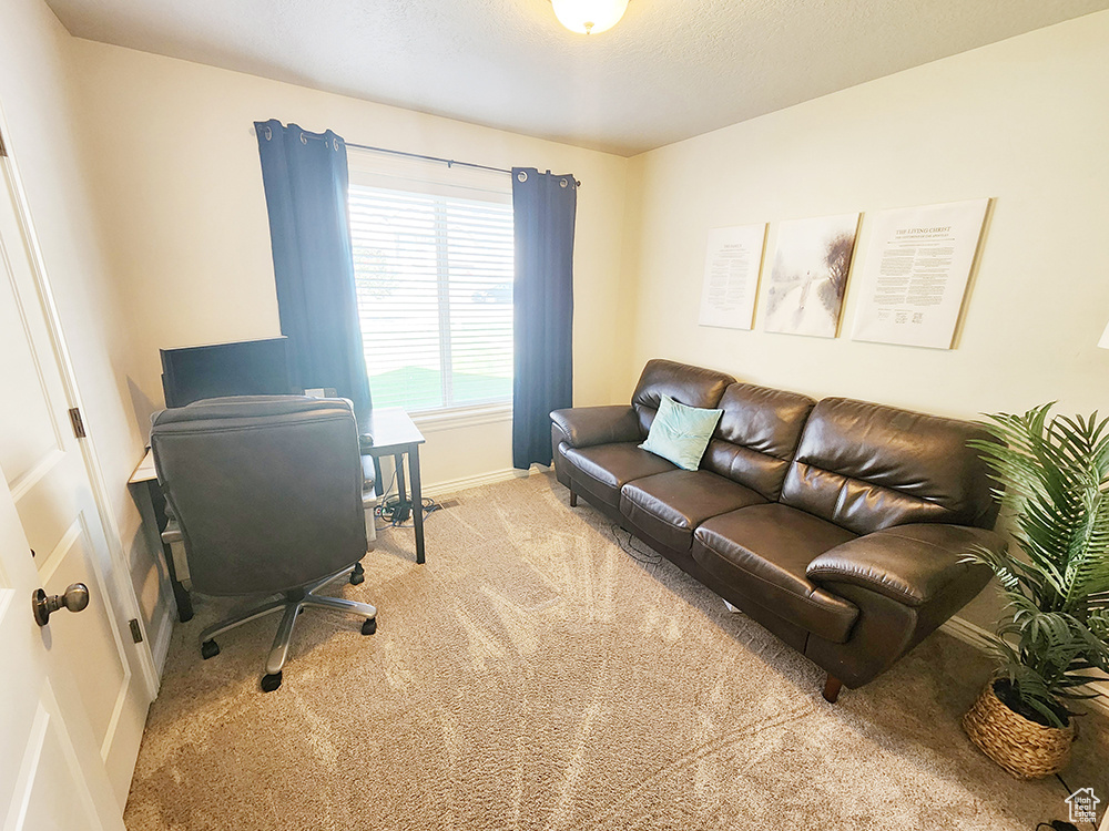 Carpeted office space with baseboards