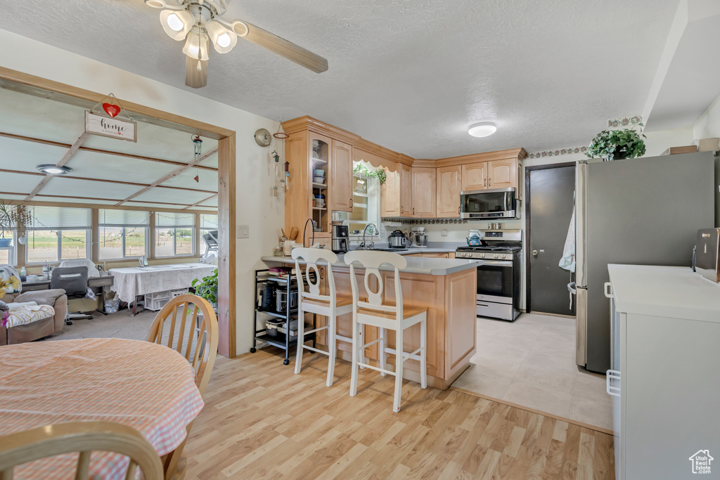 Kitchen featuring stainless steel appliances, a peninsula, open floor plan, light brown cabinetry, and light countertops