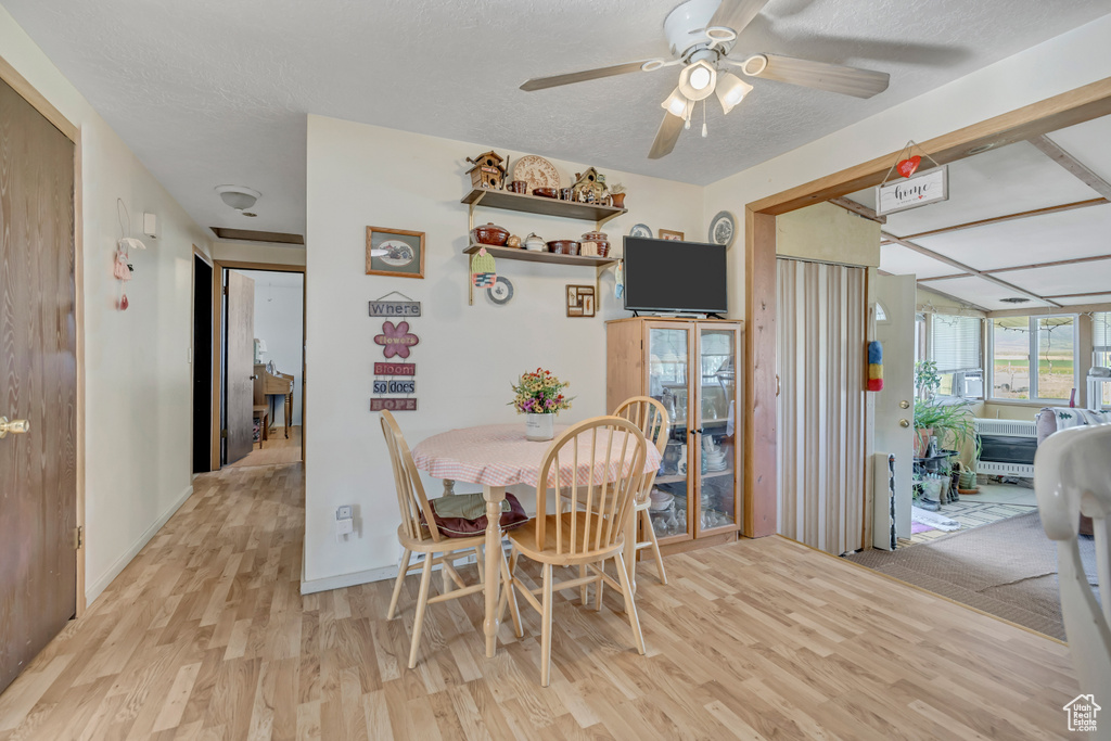 Dining space with light wood-type flooring, ceiling fan, and a textured ceiling