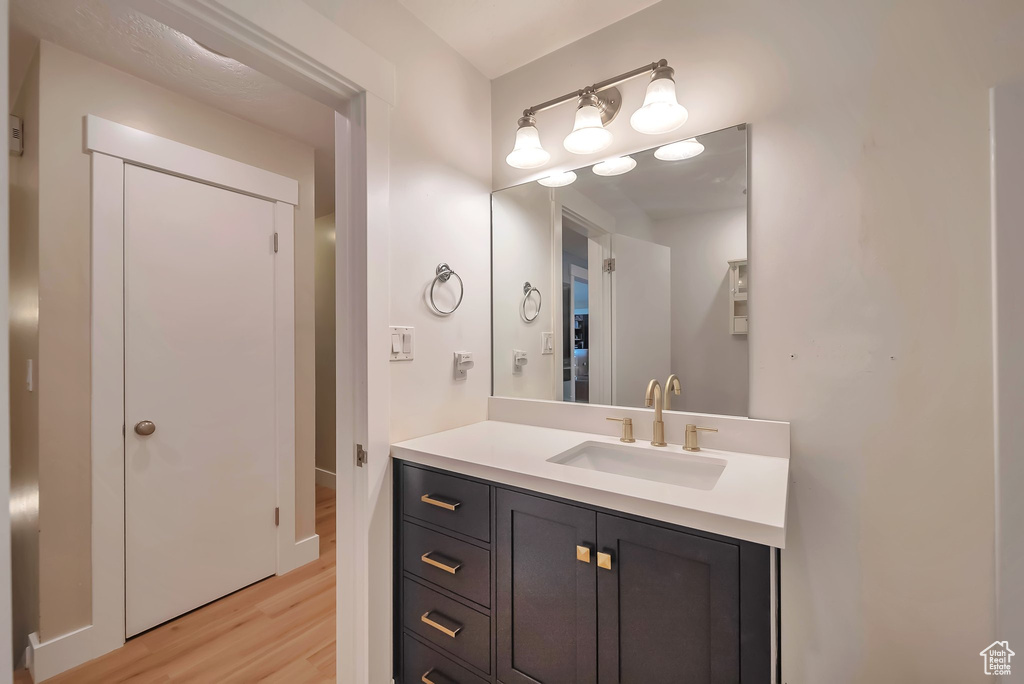 Bathroom with wood finished floors and vanity