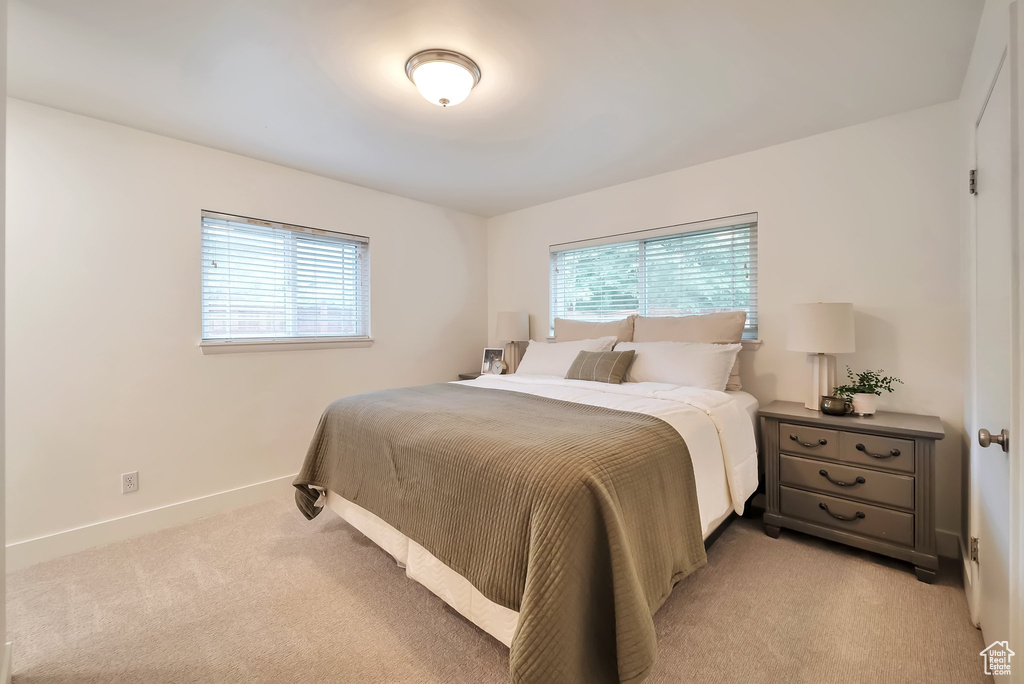 Bedroom featuring multiple windows and light colored carpet