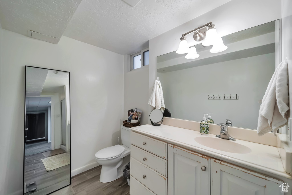 Bathroom featuring vanity, wood finished floors, and a textured ceiling
