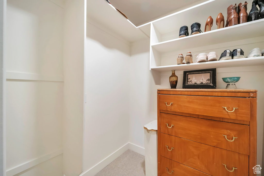 Walk in closet featuring light carpet