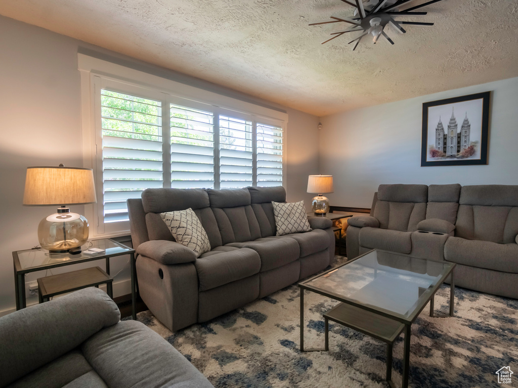 Living room featuring a textured ceiling and a ceiling fan