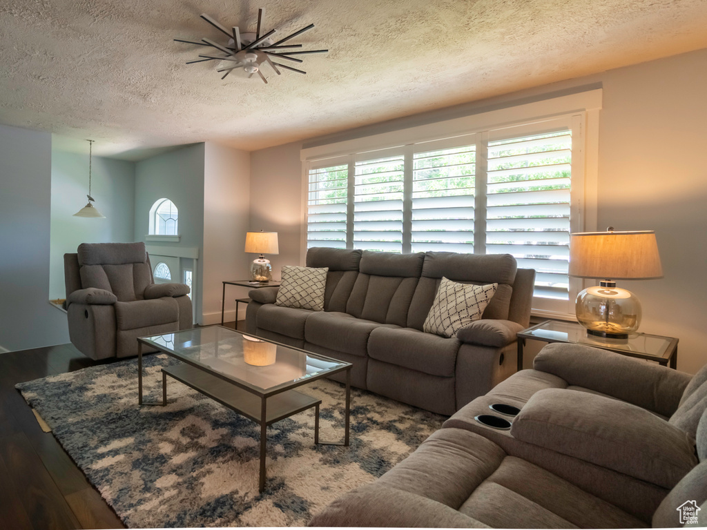 Living room with a textured ceiling, wood finished floors, and plenty of natural light