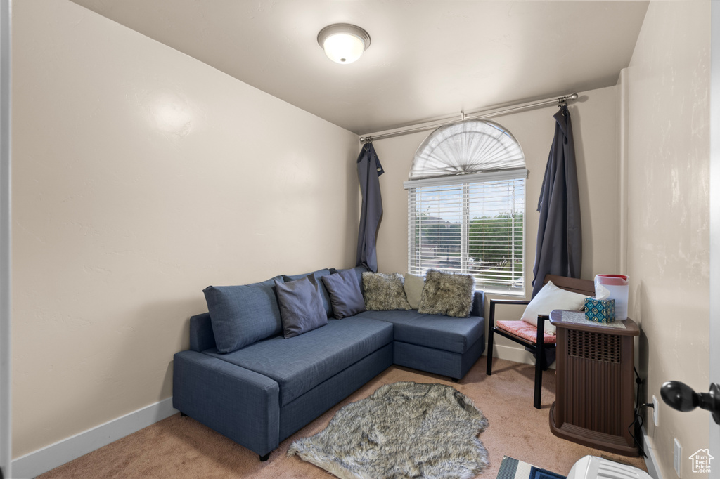 Living area with carpet and baseboards