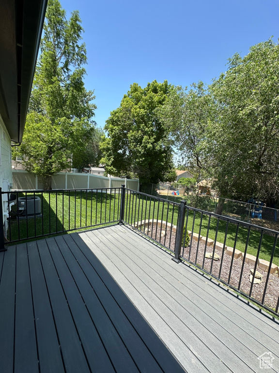 Wooden terrace with a fenced backyard