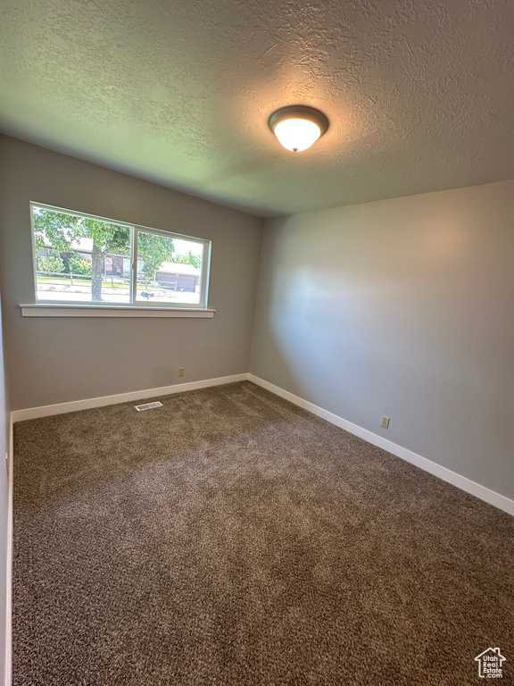 Carpeted spare room with a textured ceiling and baseboards