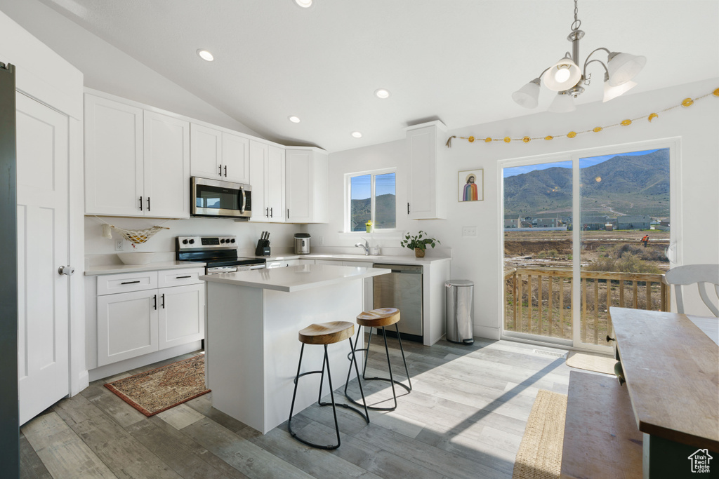Kitchen featuring stainless steel appliances, a mountain view, a center island, a kitchen breakfast bar, and vaulted ceiling