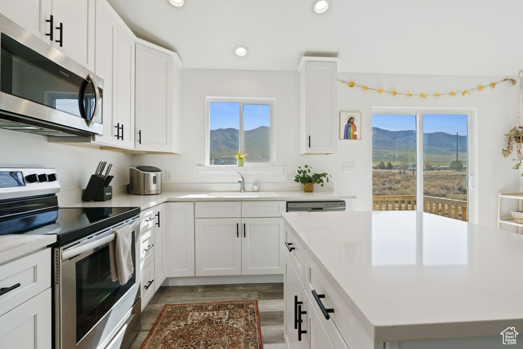 Kitchen featuring appliances with stainless steel finishes, a mountain view, recessed lighting, light wood-style floors, and a kitchen island