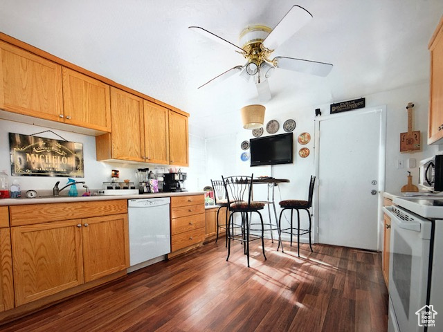 Kitchen with white appliances, dark wood finished floors, light countertops, and a ceiling fan