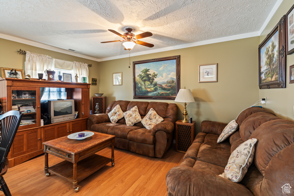 Living room with a ceiling fan, light wood finished floors, a textured ceiling, and crown molding