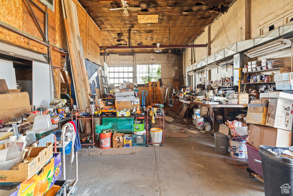 Garage featuring a workshop area