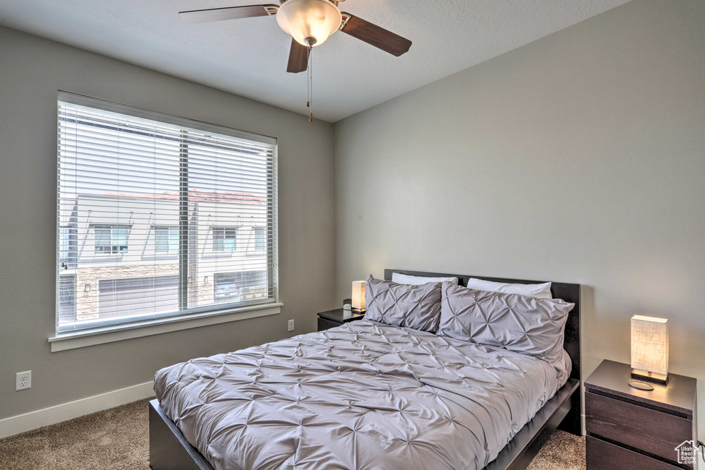 Carpeted bedroom featuring multiple windows, baseboards, and a ceiling fan