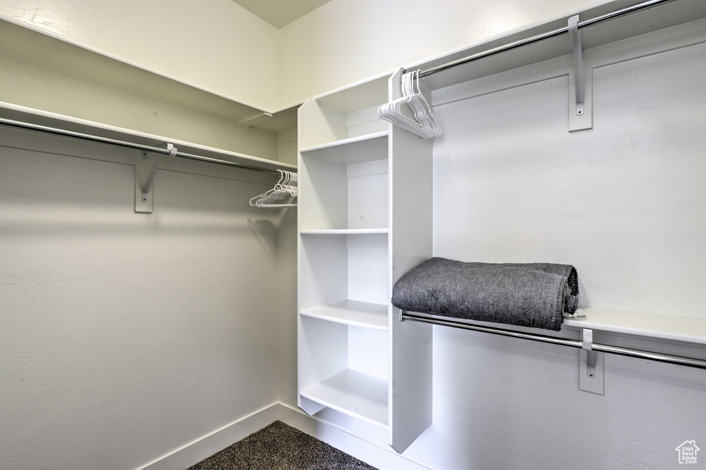 Spacious closet with dark carpet