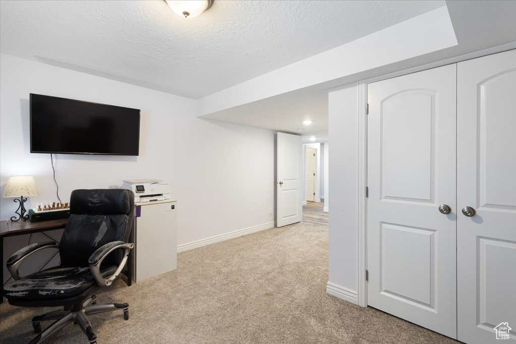 Office with light colored carpet and a textured ceiling
