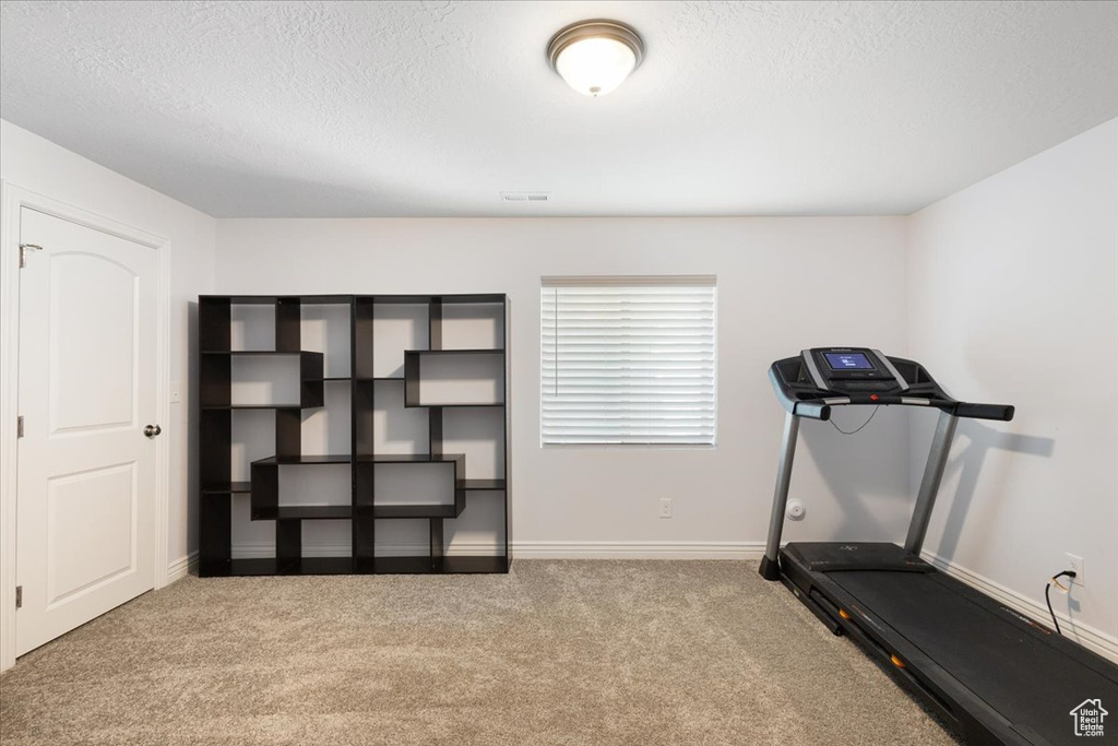 Workout room with carpet and a textured ceiling