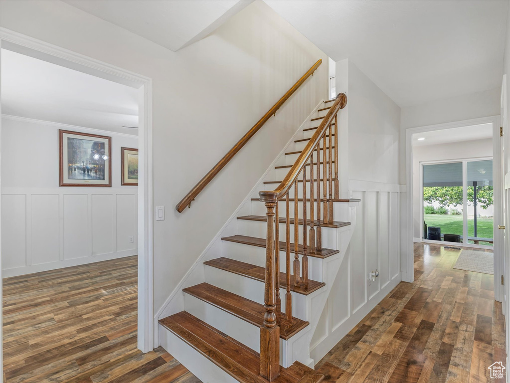 Staircase with a decorative wall, wood finished floors, and a wainscoted wall