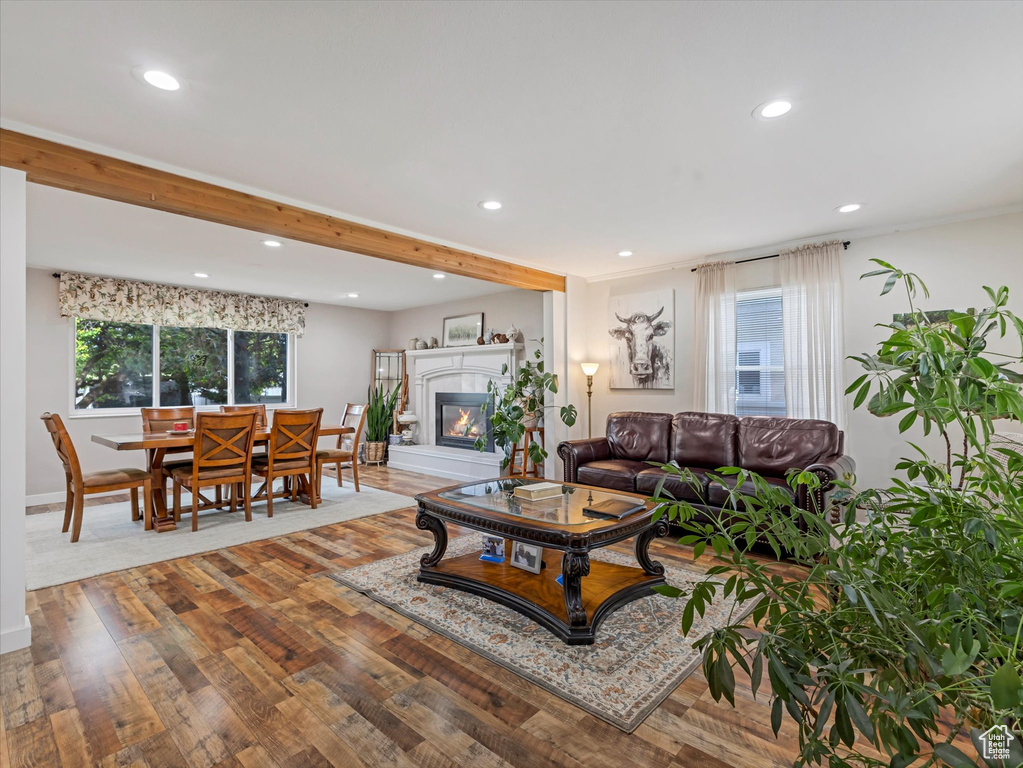 Living room with recessed lighting, a glass covered fireplace, healthy amount of natural light, and wood finished floors
