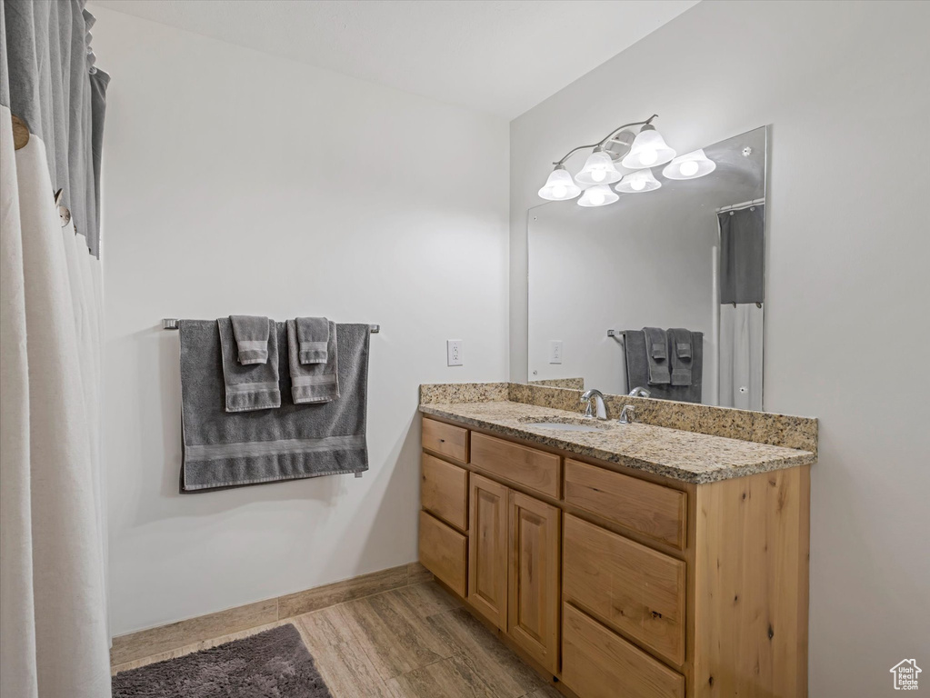 Bathroom with wood finished floors and vanity