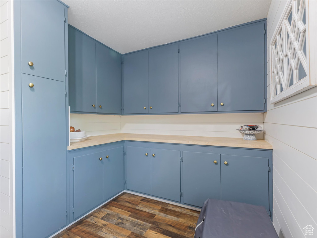 Kitchen featuring blue cabinetry, dark wood-type flooring, and light countertops