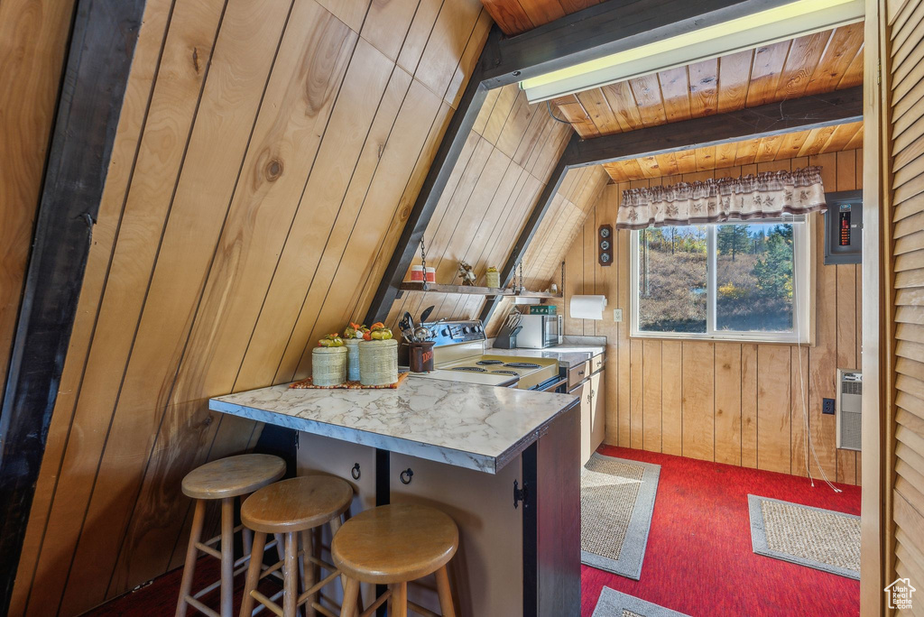 Kitchen with wooden walls, carpet, and a breakfast bar area