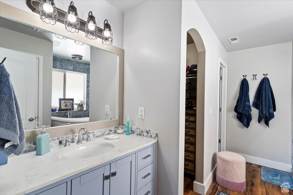 Bathroom with wood finished floors, vanity, and a walk in closet