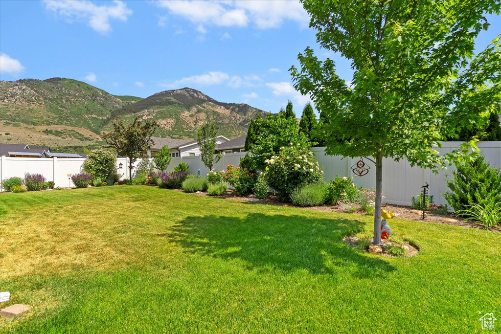 Fenced backyard with a mountain view