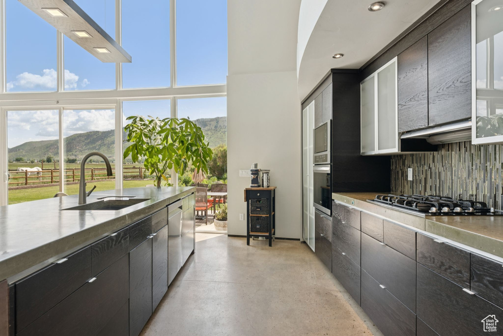 Kitchen featuring a sink, stainless steel appliances, a mountain view, backsplash, and finished concrete floors
