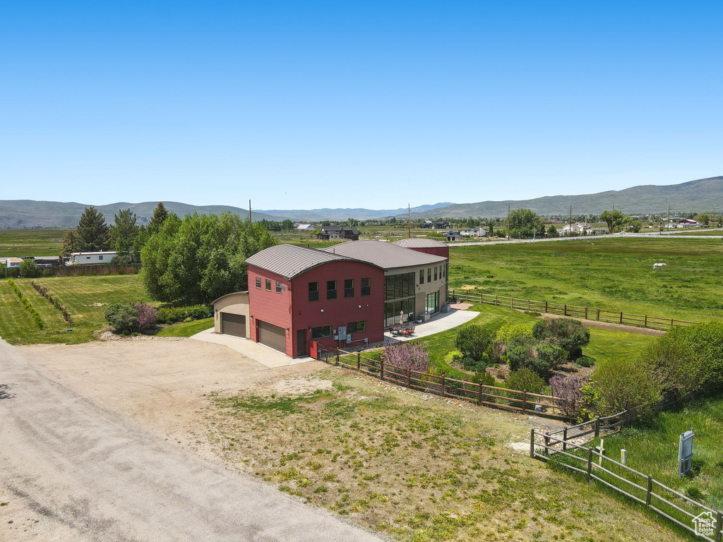 Overview of rural landscape featuring a mountain backdrop and agricultural land