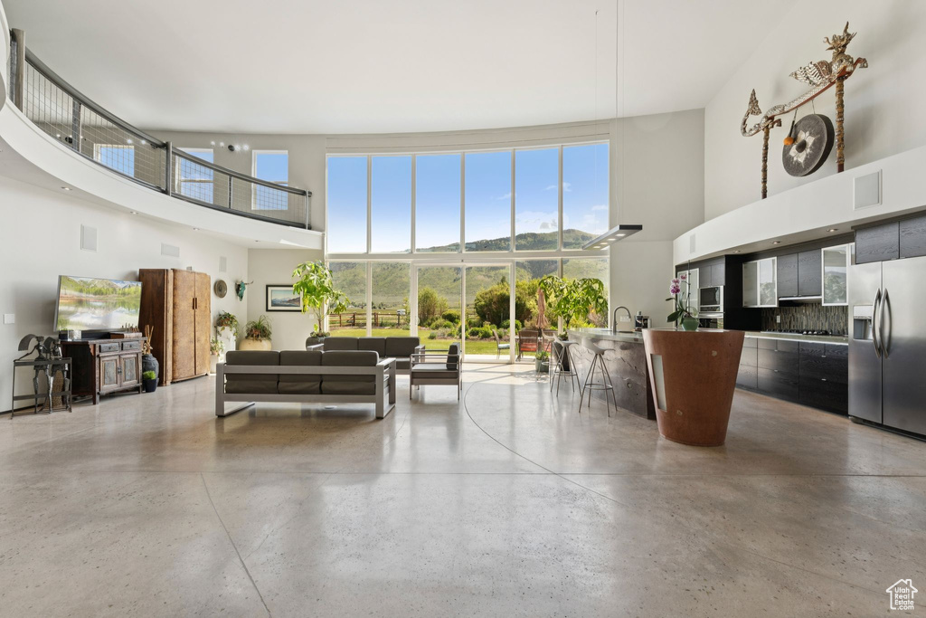 Common area featuring a towering ceiling and a sink