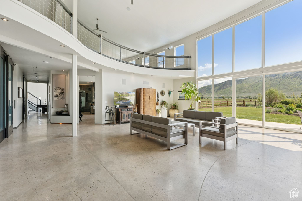 Common area with a high ceiling