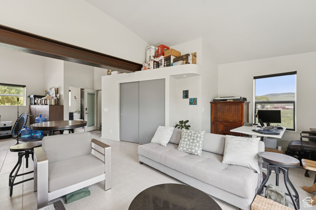 Living room featuring high vaulted ceiling