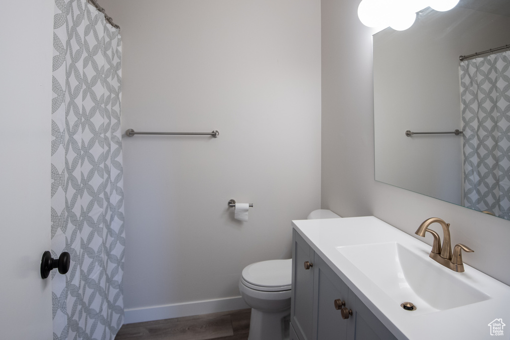 Full bathroom with toilet, vanity, wood finished floors, baseboards, and a shower with curtain