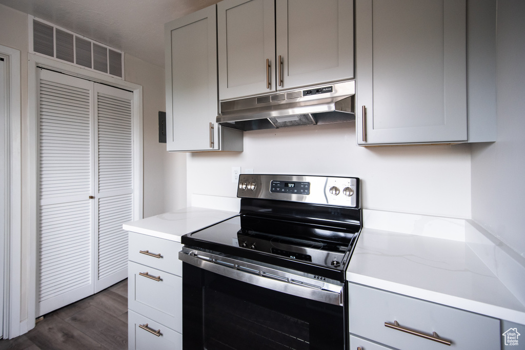 Kitchen featuring stainless steel electric range oven, under cabinet range hood, gray cabinetry, and dark wood-style flooring
