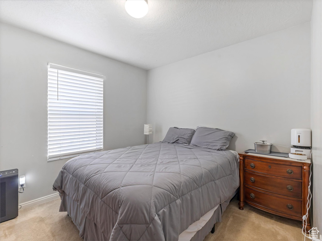 Bedroom with light carpet and baseboards