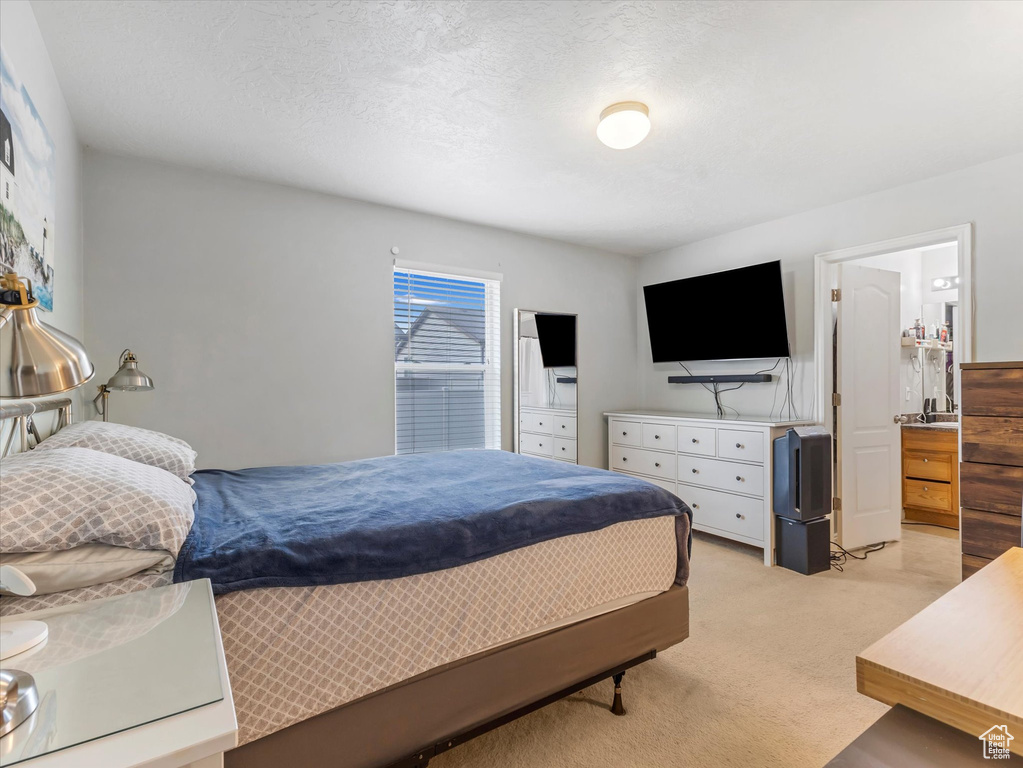 Bedroom featuring light colored carpet
