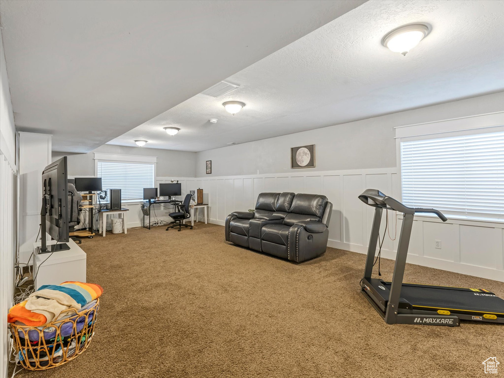 Workout room featuring carpet and wainscoting