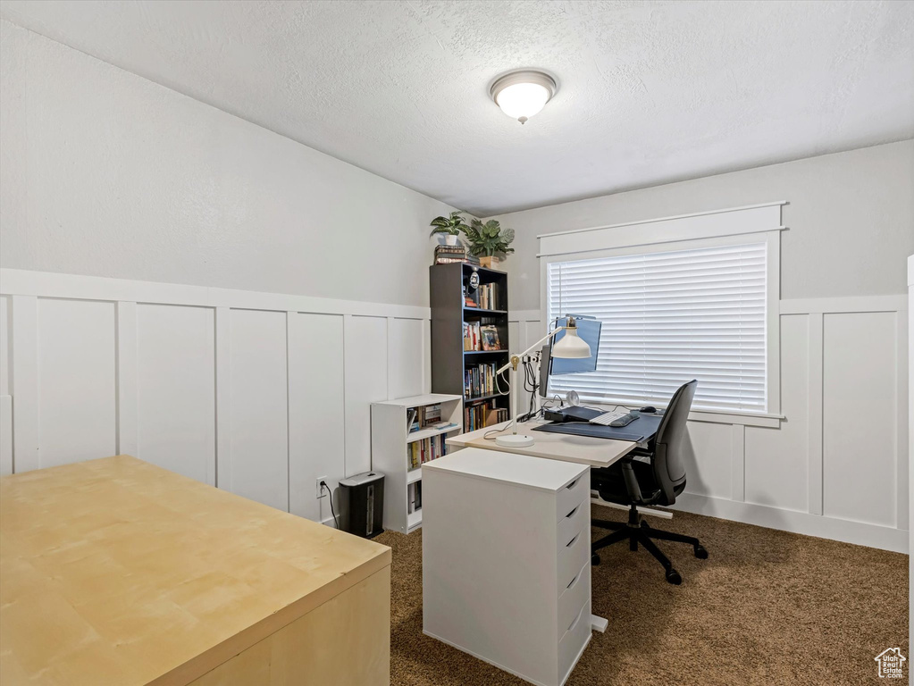 Office with a decorative wall, a wainscoted wall, a textured ceiling, and dark colored carpet
