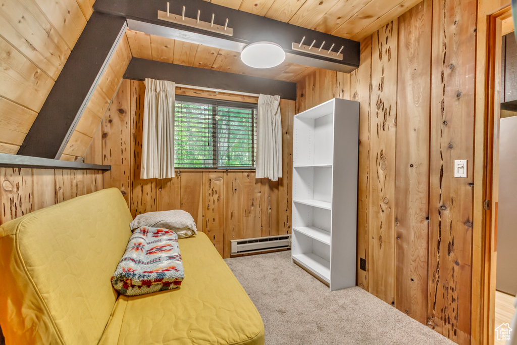 Living area with baseboard heating, wooden walls, carpet, and wooden ceiling