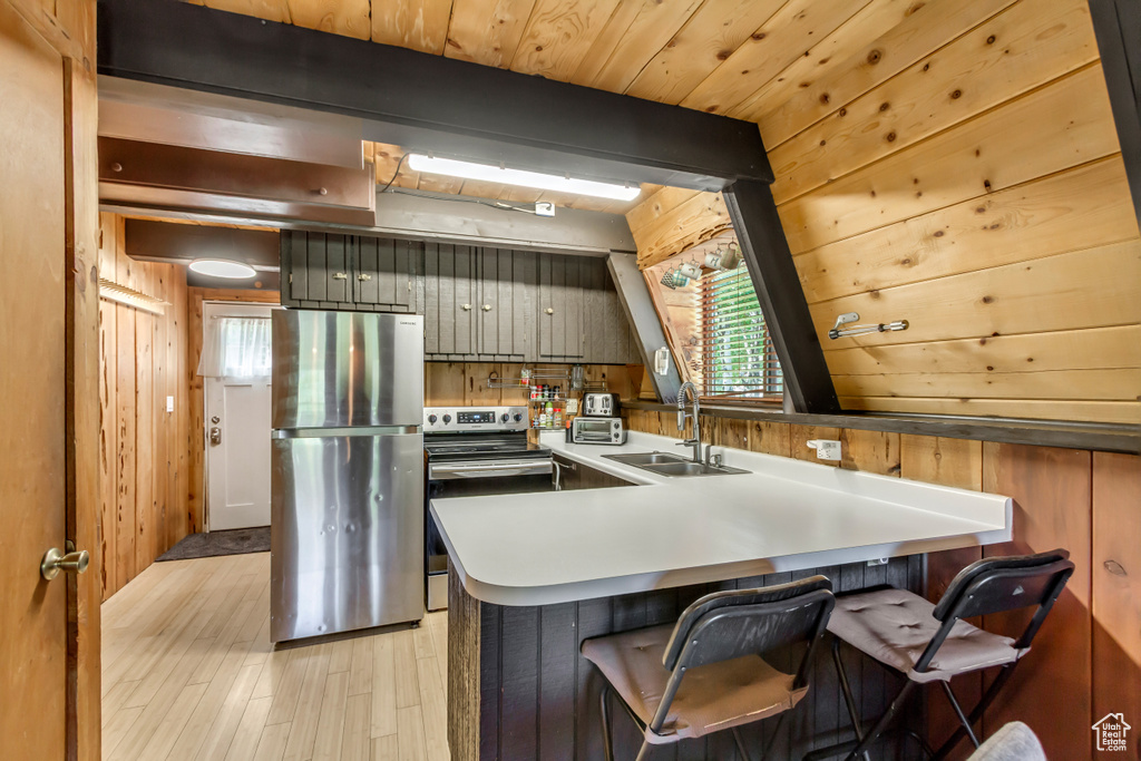 Kitchen with appliances with stainless steel finishes, light wood finished floors, wooden walls, a peninsula, and a kitchen bar